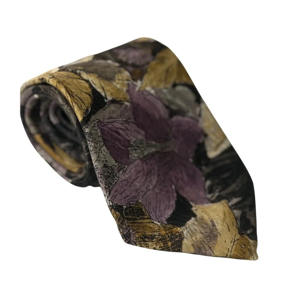 VTG Envoy Necktie Purple Gold Floral Leaf Art Deco Limited Edition Mens OS